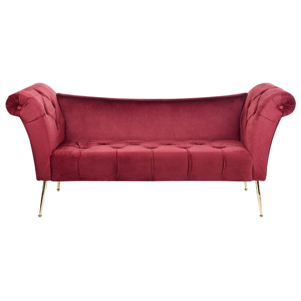 Chaise longue con tappezzeria in velluto rosso scuro Seduta capitonné a doppia estremità con gambe in metallo dorato