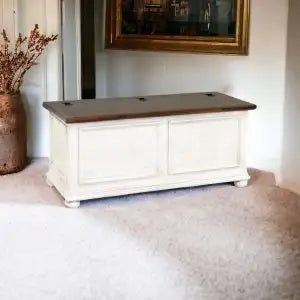 Cassapanca in legno Shabby chic mod cipolla bicolore bianco anticato e noce