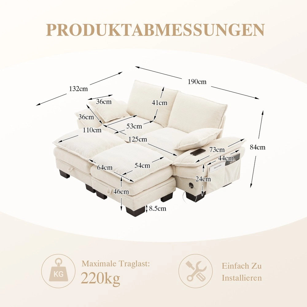 Divano 2 Posti con Poggiapiedi in Tessuto a Coste ¨C Xylo ¨C Grigio/Beige/Verde