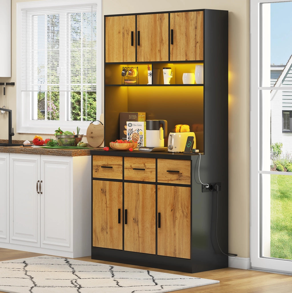 Mobile cucina 100x40x180 cm con LED e controllo APP; 3 cassetti; MDF; nero e naturale