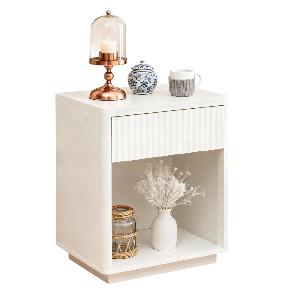 Comodino moderno con cassetto e ripiano aperto, design a onde, in MDF bianco