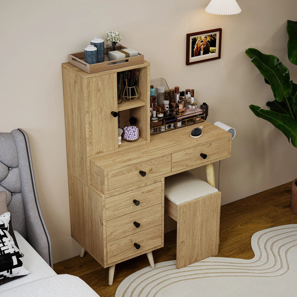 Toeletta con sgabello, completa di specchio, 5 cassetti, spazio portaoggetti, finitura effetto legno, colore legno naturale