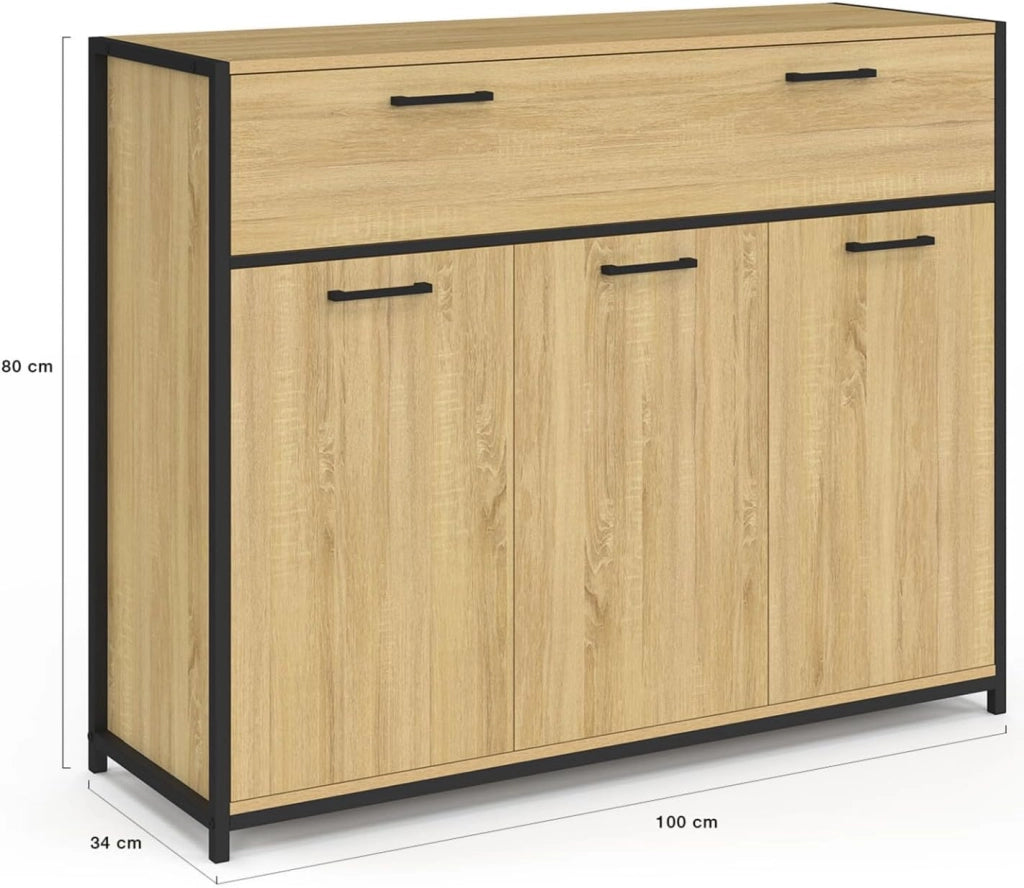 DETROIT Credenza da 100 cm con 3 ante e 1 cassetto, design industriale