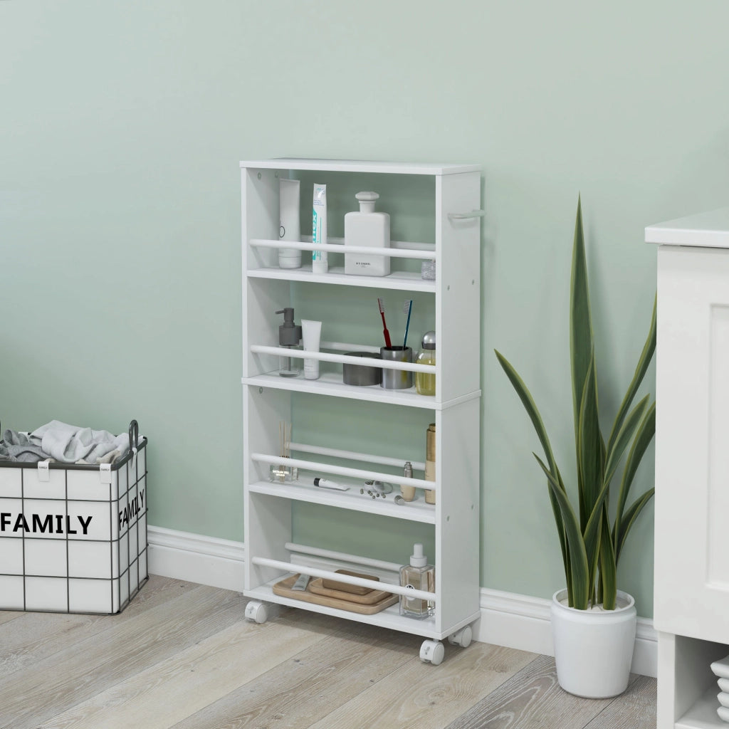 Carrello portaspezie stretto a 4 ripiani con ruote, bianco, 45 x 15 x 91 cm