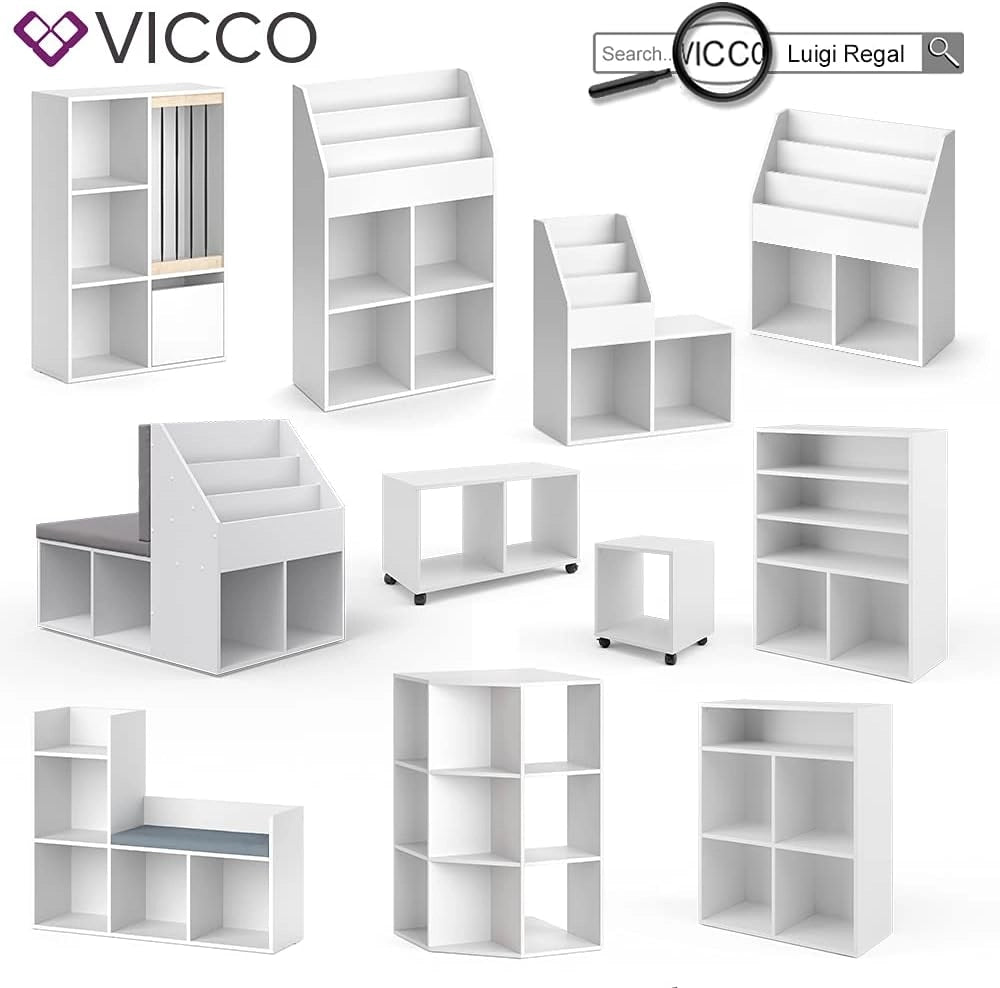 Libreria bambini, Bianco, 72 x 42.4 cm con 2 scatole pieghevoli, su ruote con due ripiani aperti