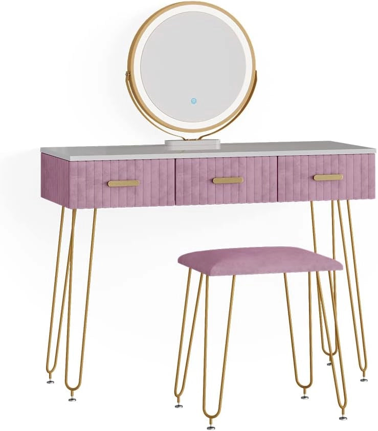 Tavolo da toeletta Layla, rosa, 100 cm con illuminazione LED e sgabello, con illuminazione a LED e panca imbottita