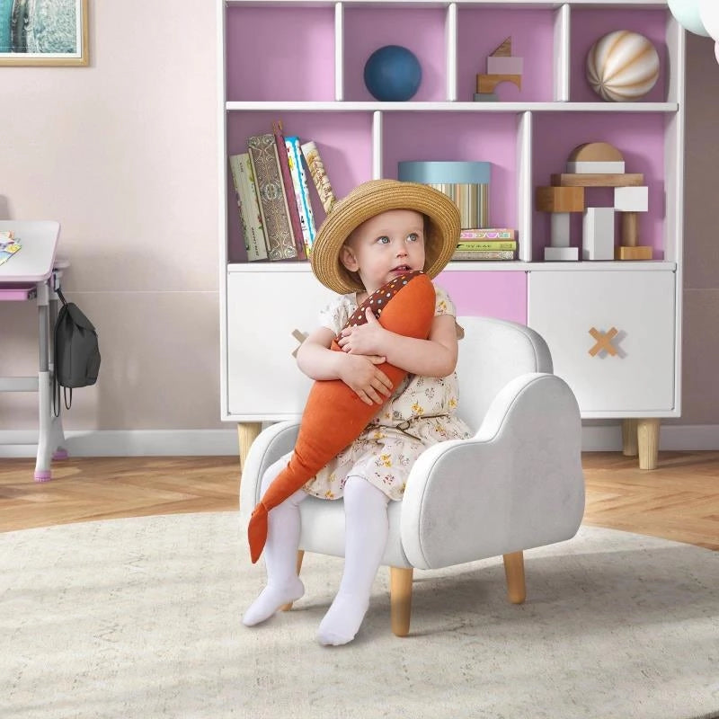 POLTRONA PER BAMBINI IN STILE SCANDINAVO CON BRACCIOLI A NUVOLA IN TESSUTO BIANCO, 46X51X55 CM