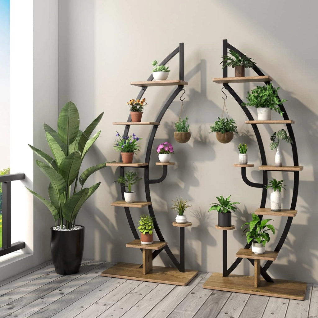 Scaffale per Piante a 7 Livelli, Scaffale a Forma di Mezza Luna con Gancio e Dispositivo Antiribaltamento, Porta Piante e Fiori per Interno e Soggiorno, 60 x 30 x 155 cm (2 PEZZI)