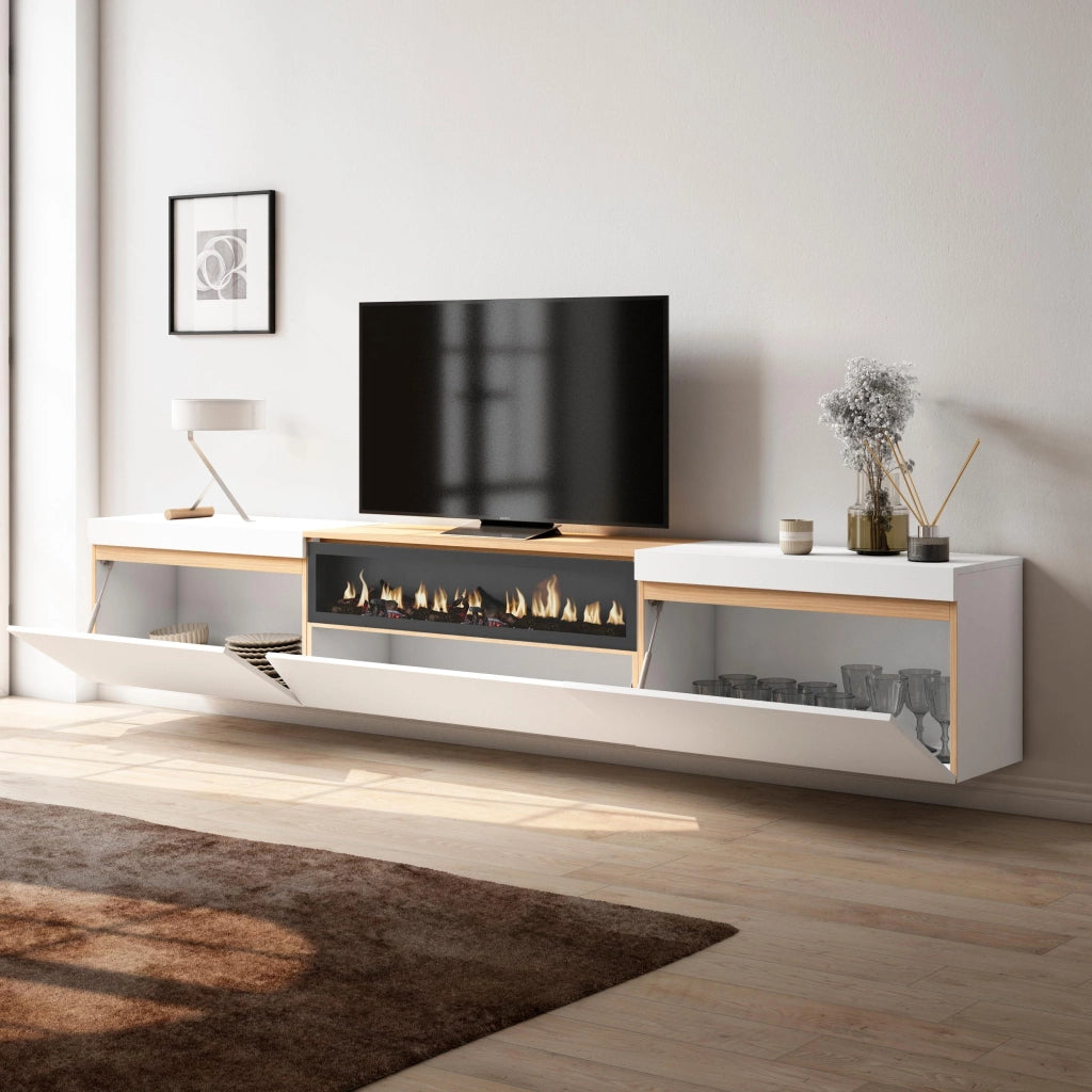 Mobile TV Soggiorno, 260x45x35cm, TV di grande formato, Camino elettrico, Sospeso, da appendere, Bianco e Rovere soft