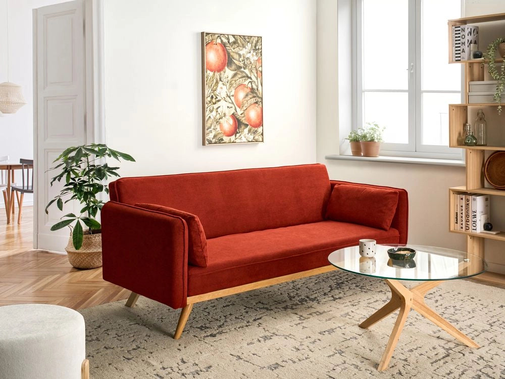 Divano letto tradizionale in tessuto rosso a 3 posti con struttura in legno di pino braccioli gambe in metallo