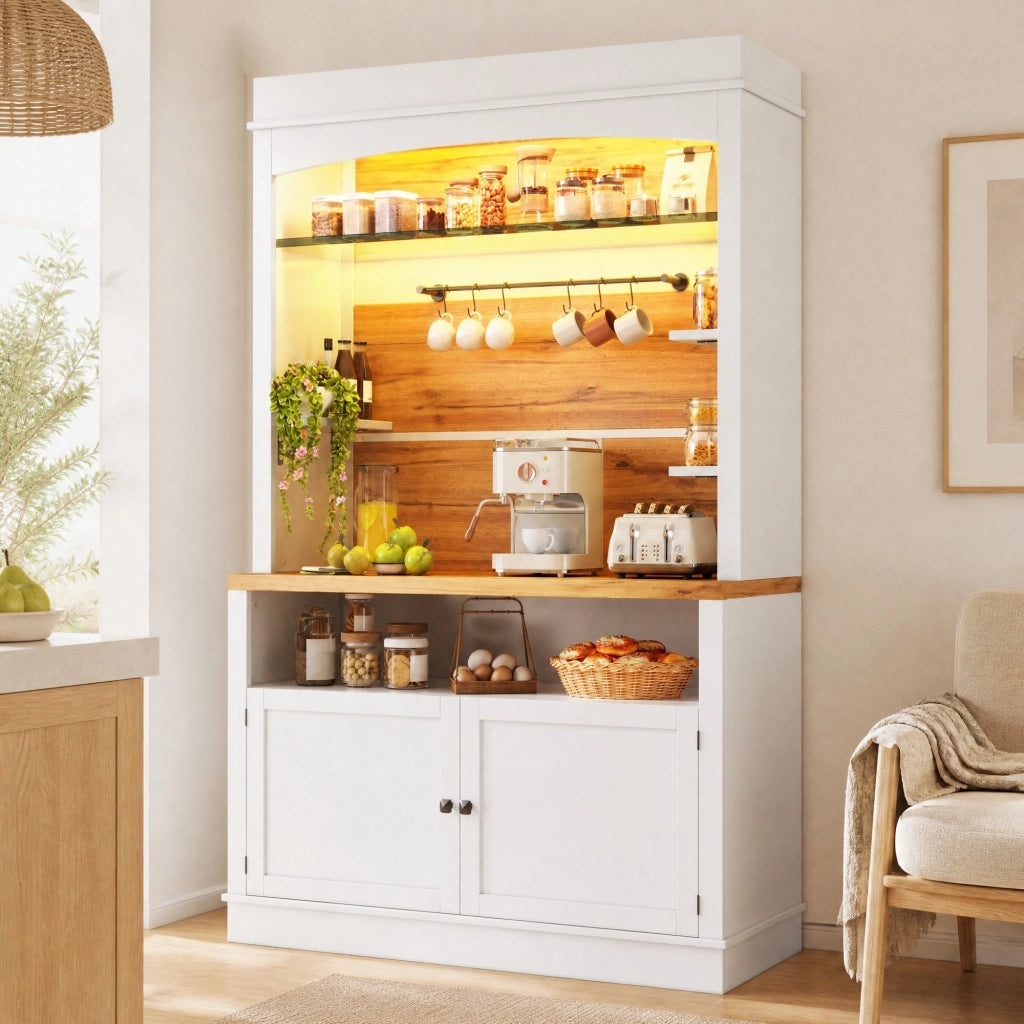 Credenza alta con vani aperti; 1 anta; 6 ganci e LED per cucina; in MDF e metallo; bianco; 107×34×184 cm