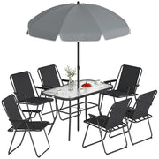 Set da Giardino 8 pz con Ombrellone, 6 Sedie Pieghevoli e Tavolo da Esterno in Vetro Temperato, Nero