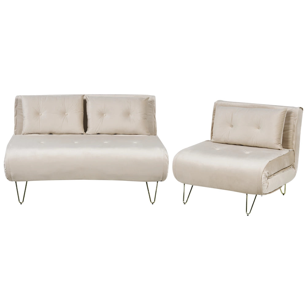 Set di 2 divani letto a 2 e 1 posto in velluto beige con cuscini e gambe in metallo soggiorno glamour elegante