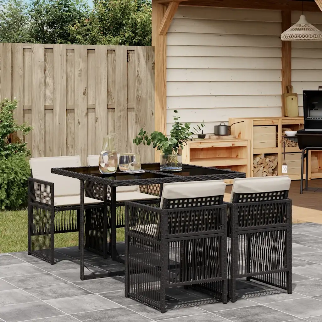 Set da Pranzo da Giardino 5 pz Nero con Cuscini in Polyrattan 3210894