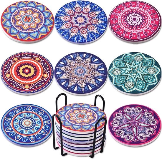 Otturatori per bicchieri, 8 set otturatori in ceramica marmo assorbenti con supporto metallico, 20 cm 8 diverse forme mandala, idonei per tavoli in legno e vari tipi di bicchieri