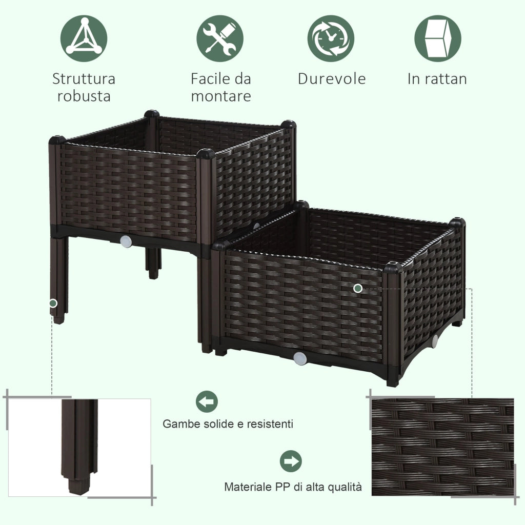 Set 2 Pezzi Fioriera da Esterno Componibile in Polyrattan 40x40x44 cm Flowless