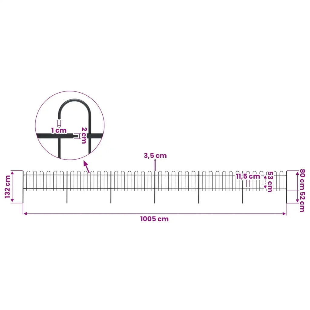 Recinzione da Giardino con Parte Superiore ad Anello in Acciaio 1005x80 cm Nera 277652