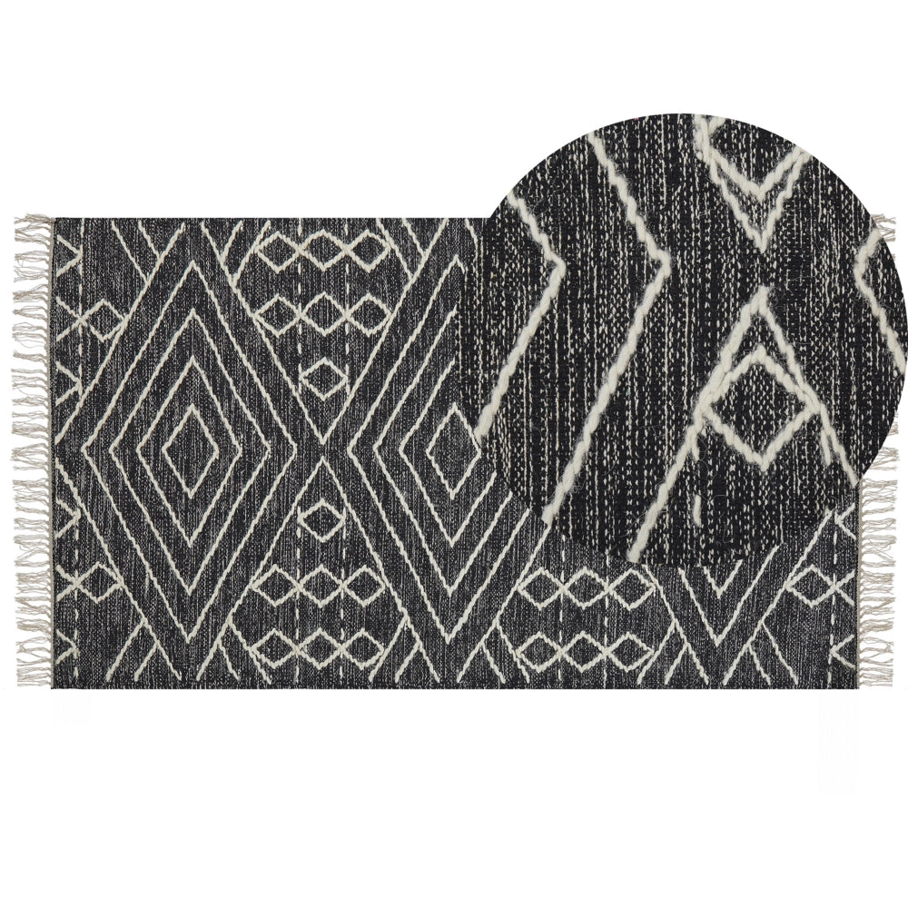 Tappeto in cotone bianco sporco nero 80 x 150 cm motivo geometrico nappe tribale orientale moderno