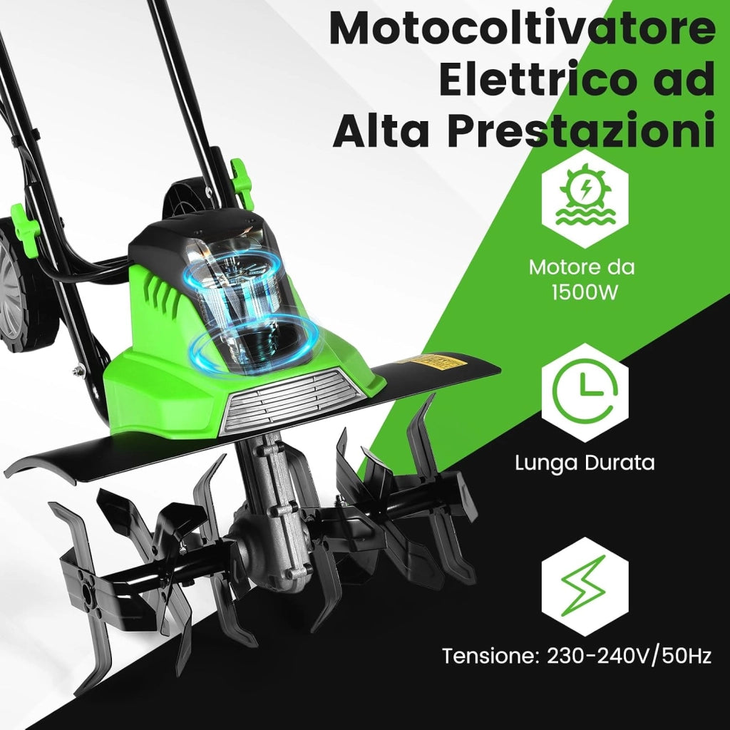 Motozappa Elettrica 1500W, Zappatrice Elettrica con Maniglia Pieghevole, Ruote Regolabili, 6 Lame, Velocità 400 PRM, Profondità 22 cm, Larghezza 43 cm (Verde, 1500 W)