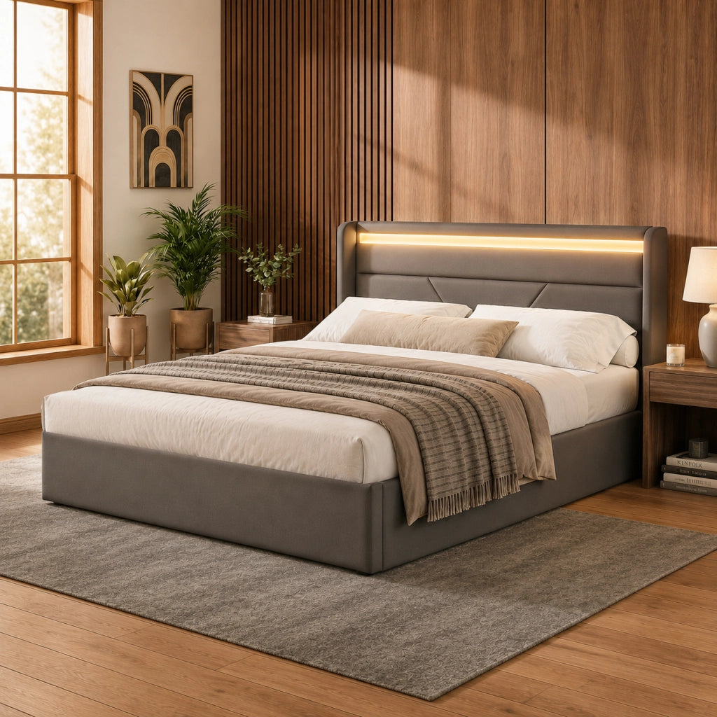 Letto contenitore idraulico – 140x200 cm – LED telecomando – velluto grigio