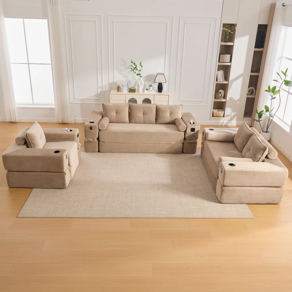 Divano letto modulare 3 posti con tasche laterali e portabicchieri in corda khaki 232×98×80cm
