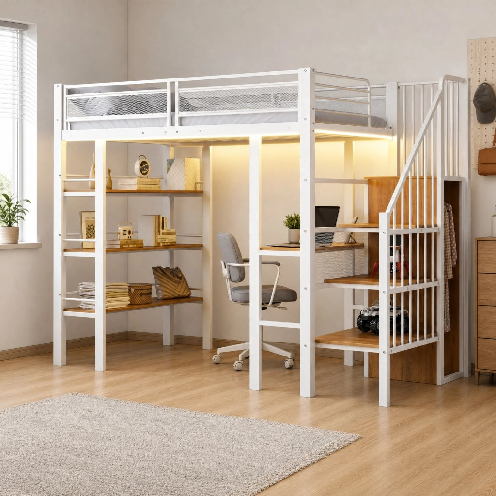 Letto a soppalco 90x200 cm in metallo con scrivania, scaffale e vano armadio, LED e presa, Bianco/Nero