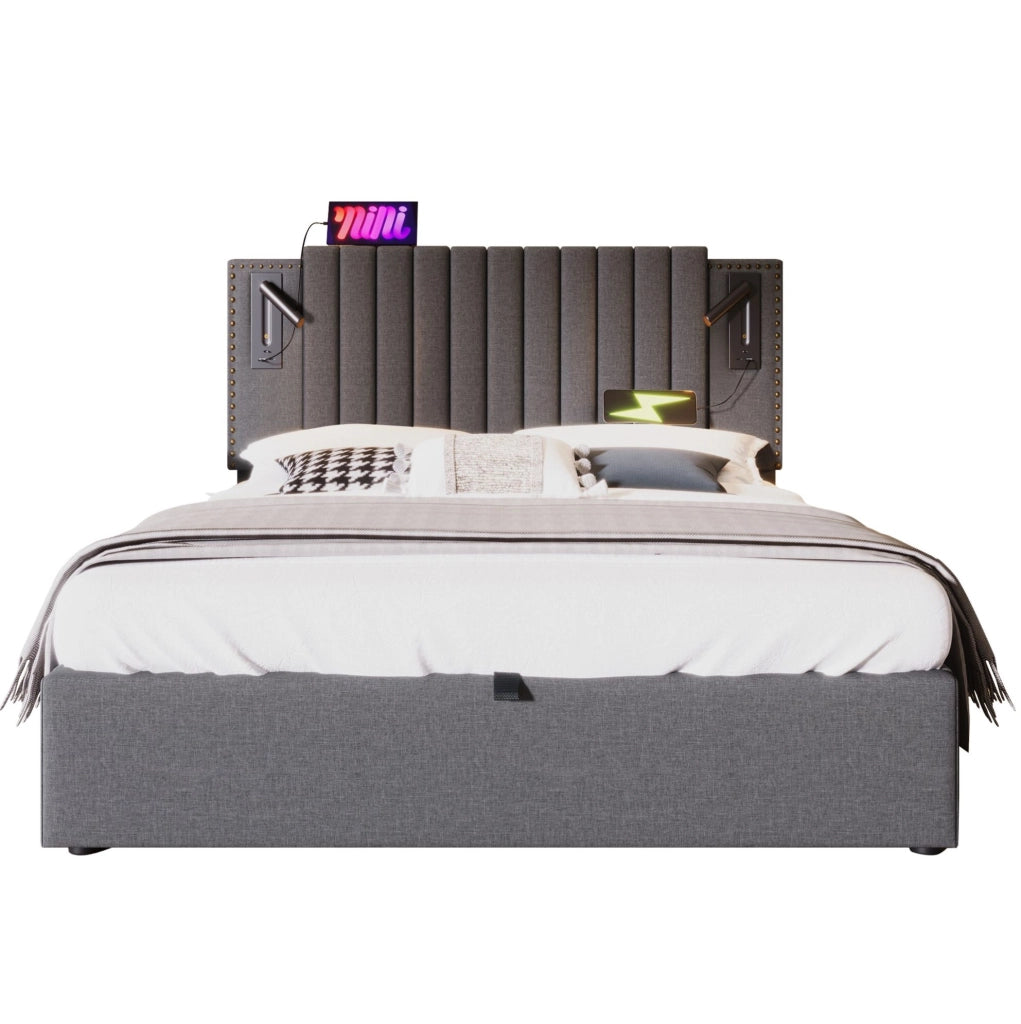 Letto matrimoniale 160x200 cm con contenitore; testiera regolabile in cotone grigio; luci e USB