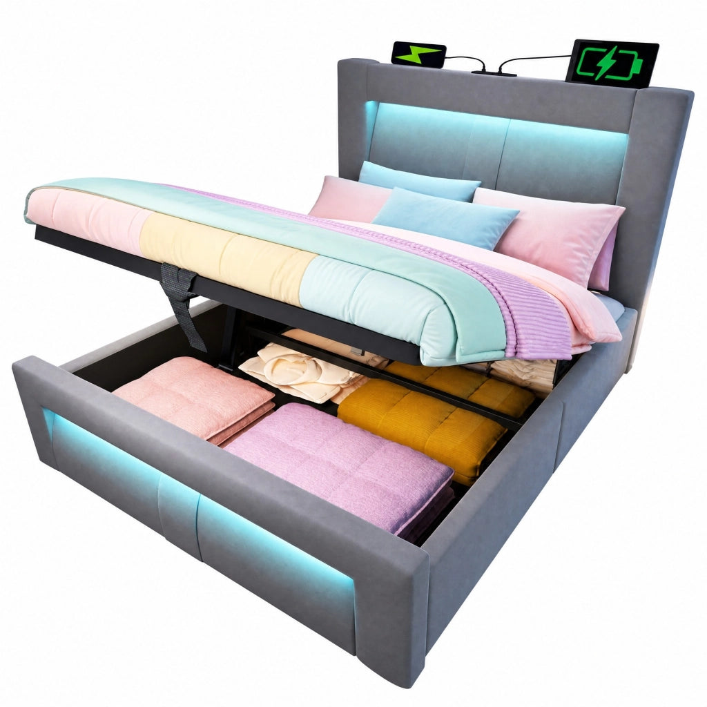 Letto singolo 90x200 cm con contenitore, LED con controllo app, porte USB e Type-C, velluto grigio