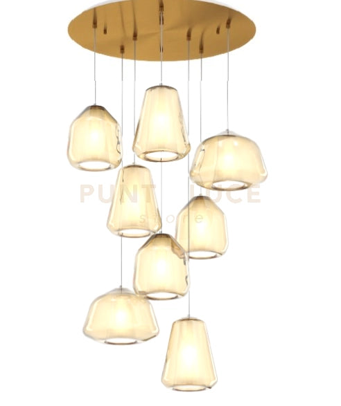SOSPENSIONE OTTONE SAT. 8 LUCI TONDA VETRI 2X ALPHA + 3X BETA + 3X GAMMA AMBRA 1176OS-S8 T ABG-AM