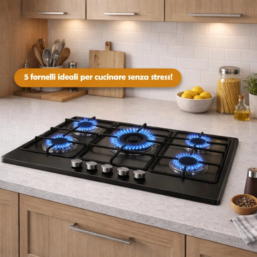 Piano Cottura 5 Fuochi Gas da Incasso 90x55cm in Acciaio Nero e Ghisa per Cucina