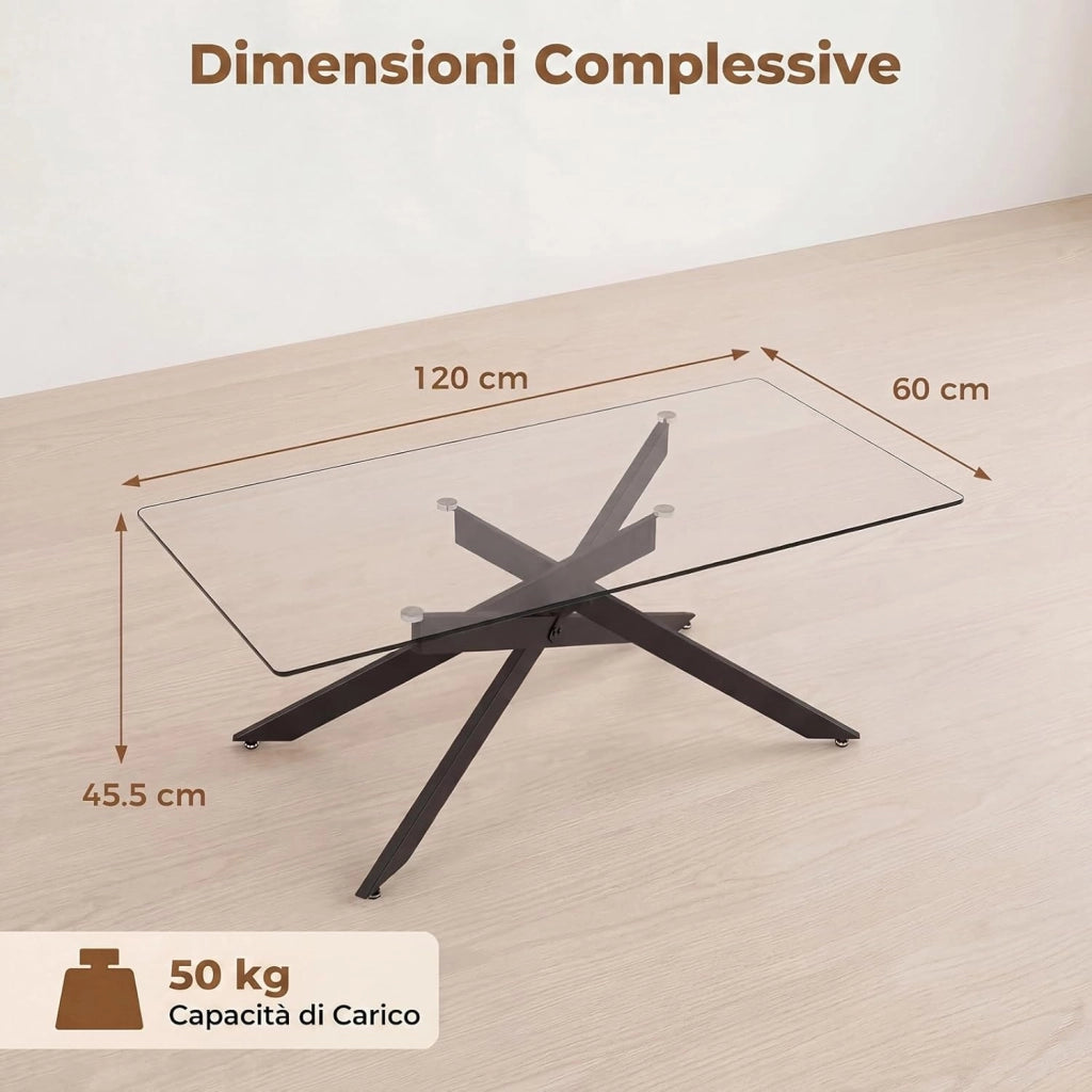 Tavolino da Salotto con Piano in Vetro Temperato, Gambe Incrociate e Piedini Regolabili, Tavolo Basso in Stile Industriale per Soggiorno, Camera da Letto, Ufficio, 120 X 60 X 45,5 CM (Nero)