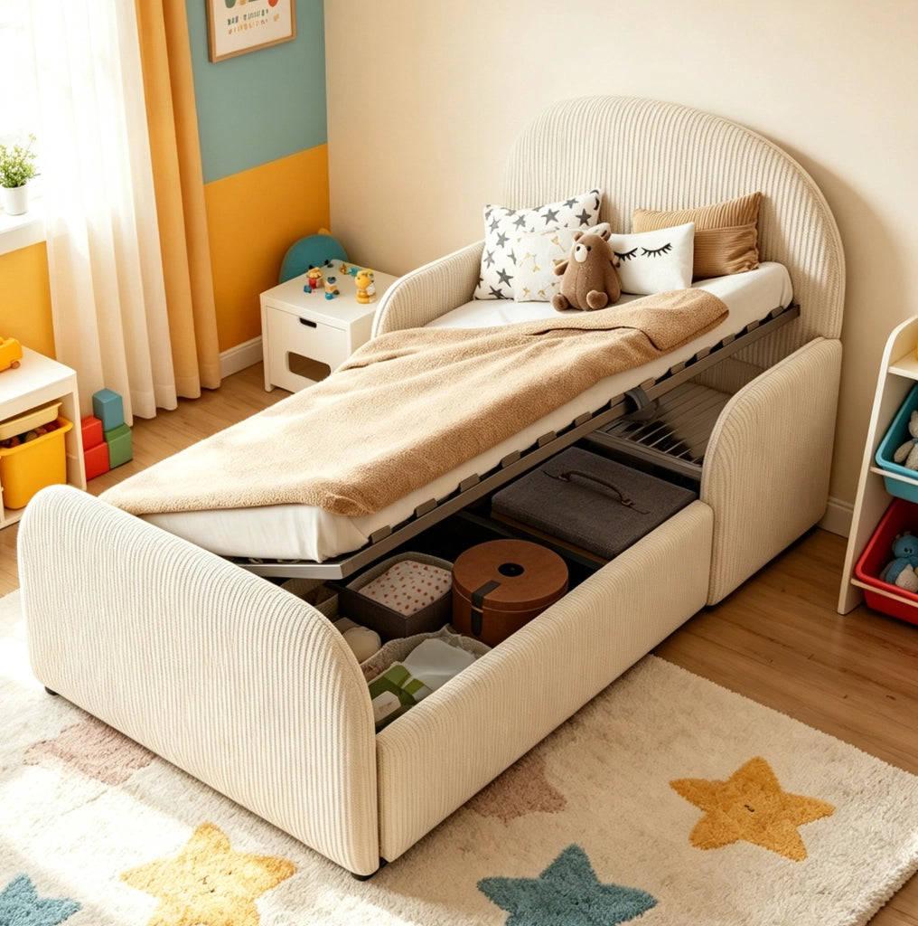 Letto imbottito 90x200 cm con contenitore idraulico; testiera alta in velluto beige