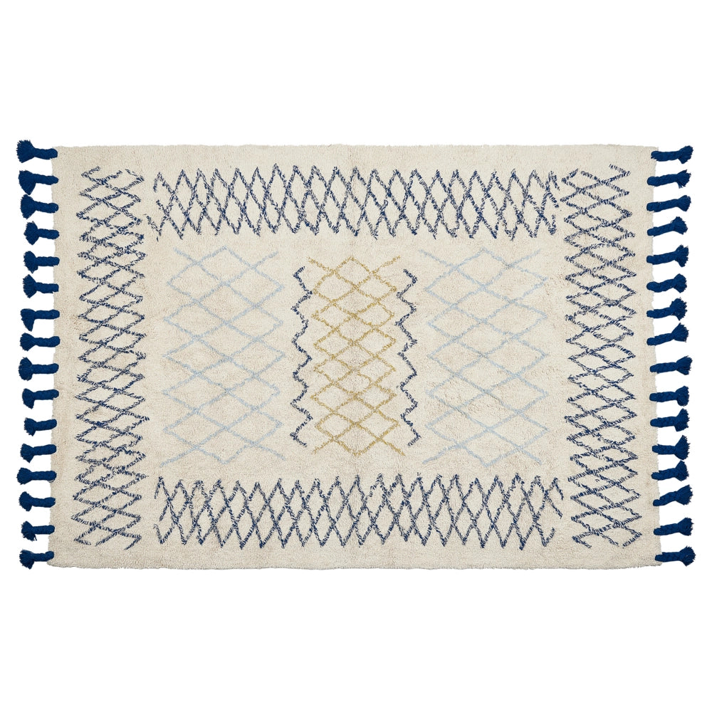 Tappeto in cotone beige 140 x 200 cm rettangolare frange motivo geometrico soggiorno camera da letto