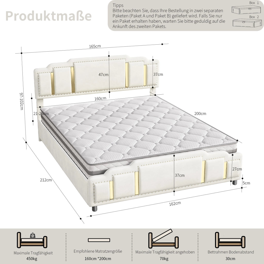 Letto contenitore matrimoniale 160 × 200 cm con sollevamento idraulico, LED e senza materasso, in velluto beige
