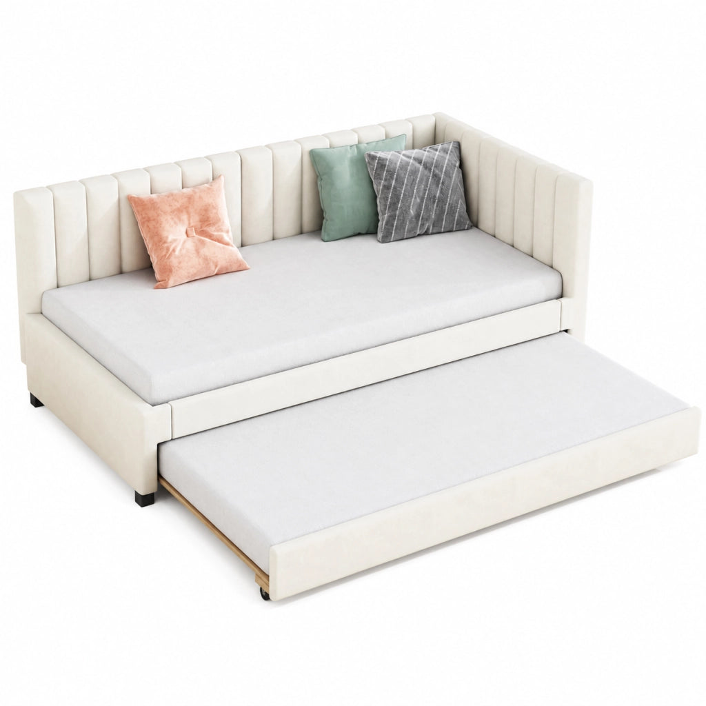 Letto imbottito 90x200 cm; convertibile con letto estraibile; velluto beige (Senza materasso)