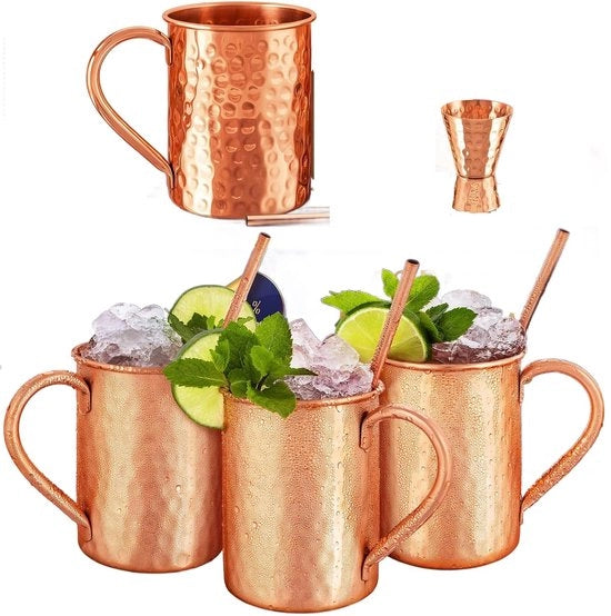 Set di 4 Tazze in Ceramica per Cocktail con Righello in Rame e Coperchio in Rame, Misura Perfetta per Bere Freddo