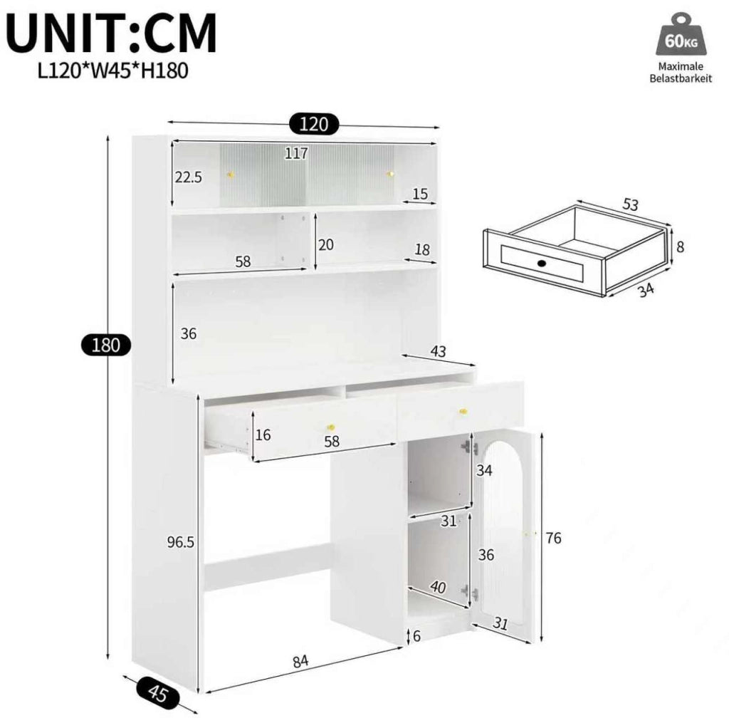 Mobile cucina multifunzione con piano di lavoro 120x45x180 cm; bianco in MDF