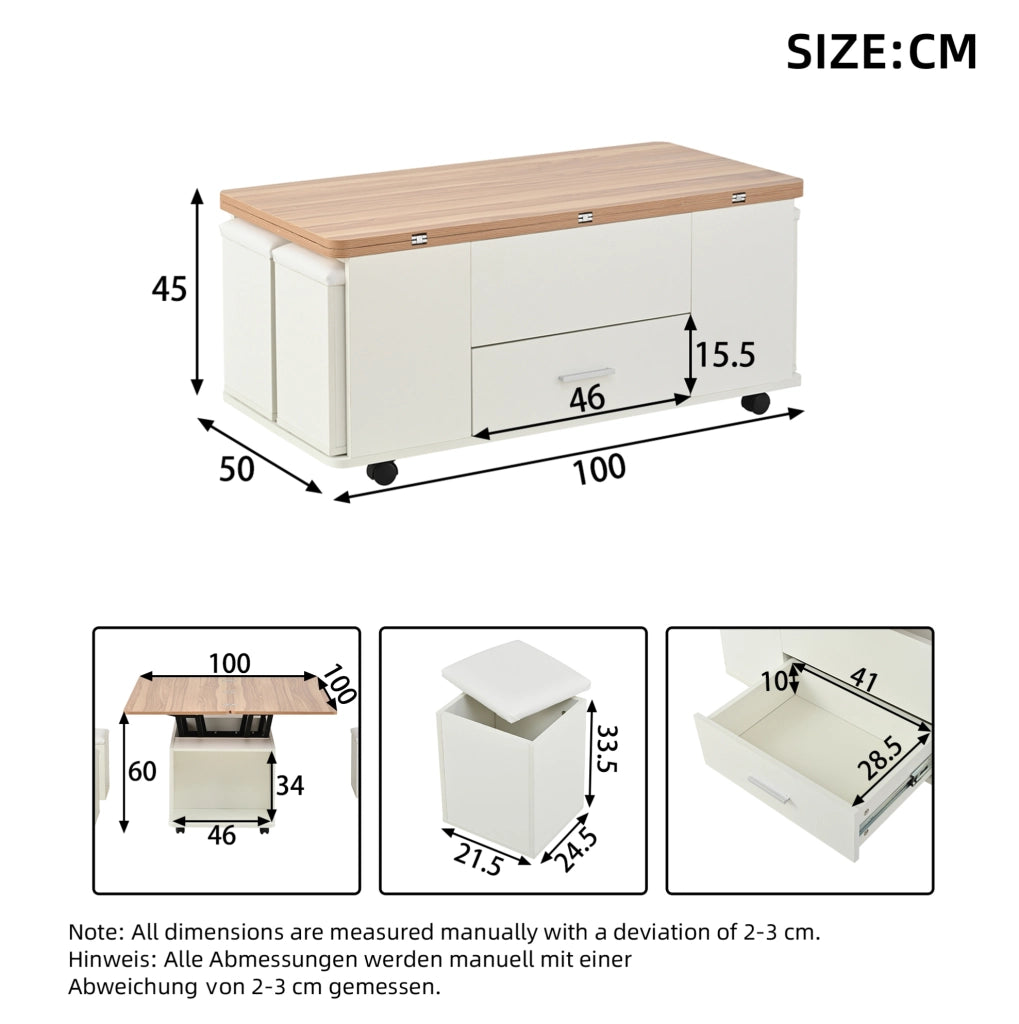 Tavolino trasformabile 100x50x45 cm con alzata idraulica; 4 sgabelli contenitore; legno; bianco naturale