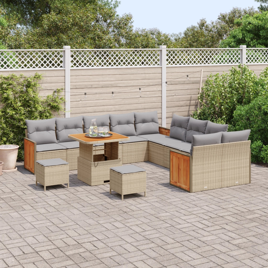 Set di Divano da Giardino 13 Pezzi con Cuscini Beige Rattan Sintetico Acacia