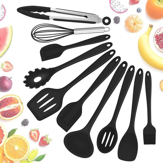 Set di accessori per cucina in silicone da 10 pezzi - set di spatole per cucina e cottura - resistente ai graffi e alle alte temperature - resistente al lavastoviglie - nero