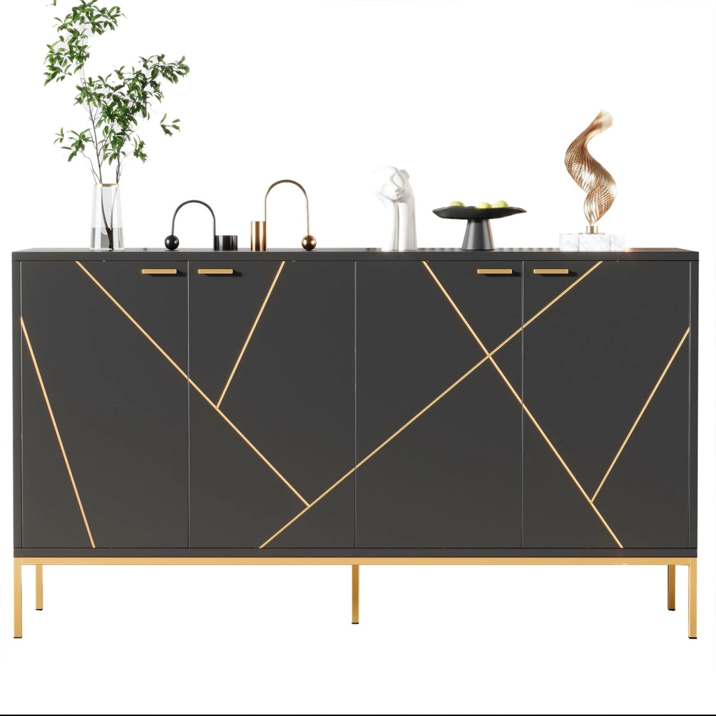Credenza 150x40x80 cm con ripiano regolabile; gambe in metallo; nero e oro