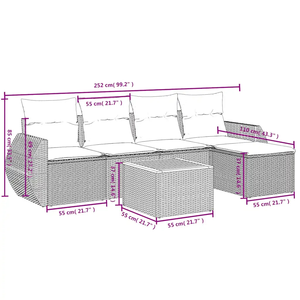 Set Divani da Giardino 6 pz con Cuscini Nero in Polyrattan 3224979