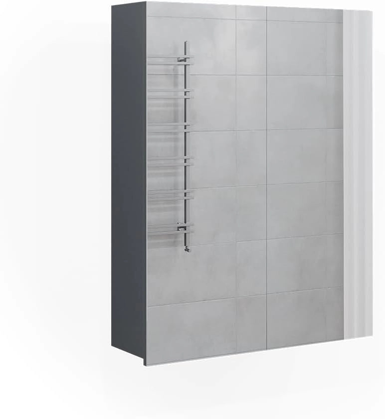 Specchio contenitore bagno Fredd, Antracite lucido, 60 x 77 cm, a parete con due ripiani interni regolabili