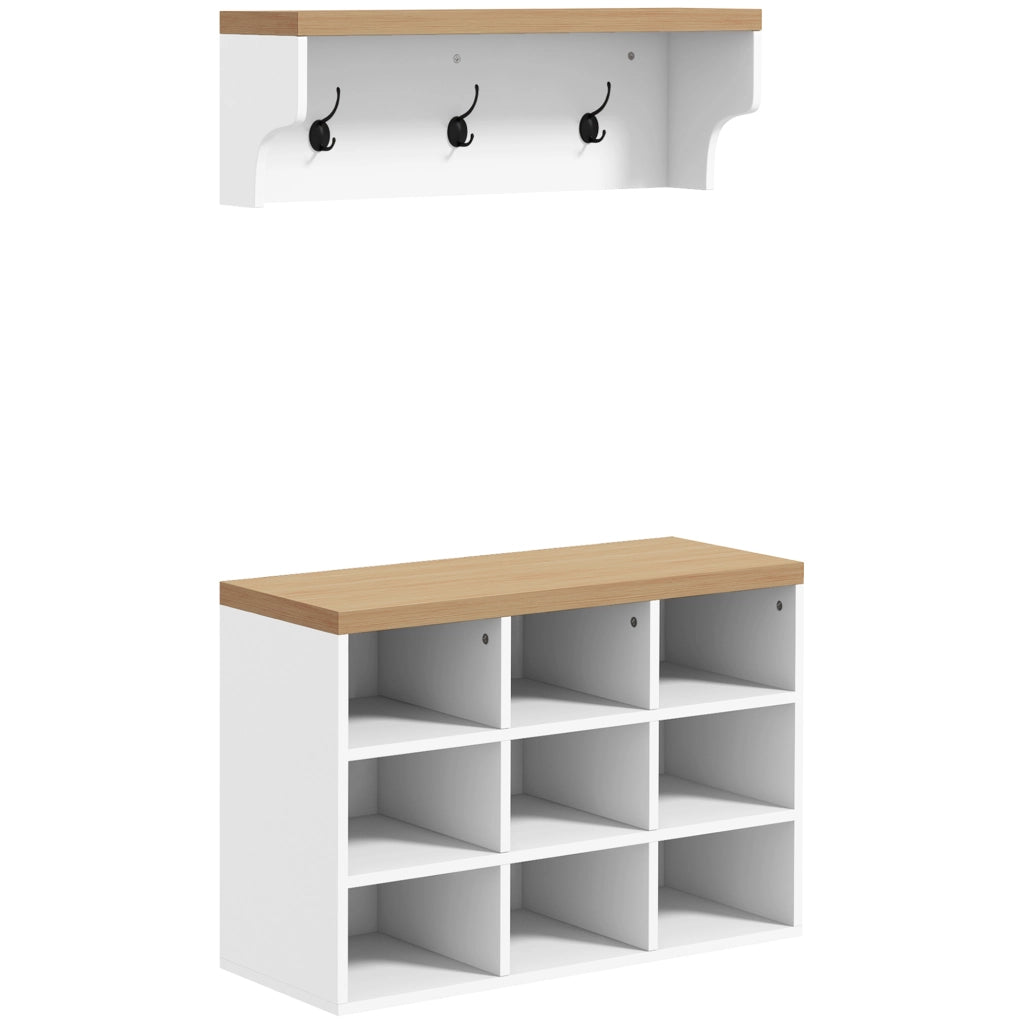 Mobile ingresso 2-in-1 appendiabiti panca portascarpe ¨C Xylo ¨C 9 scomparti 3 ganci bianco rovere 75x30x50cm