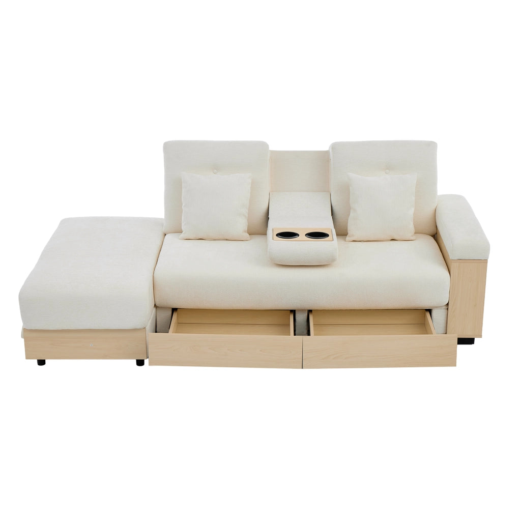 Divano letto con contenitore e schienale regolabile in chenille beige 217 × 110 × 90 cm