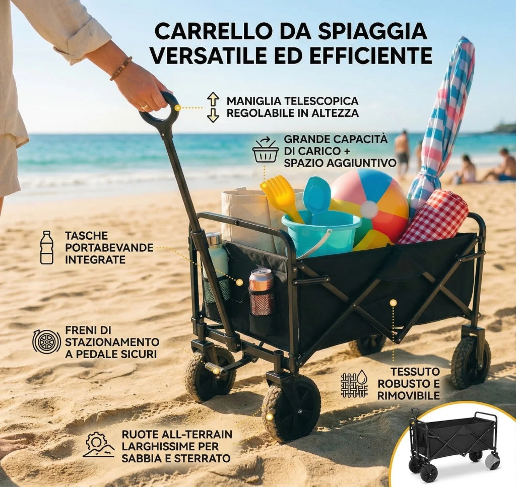 Carrello Pieghevole Trasporto per Spiaggia, Giardino e Spesa. 96 Litri, Max 65kg. Colore: nero