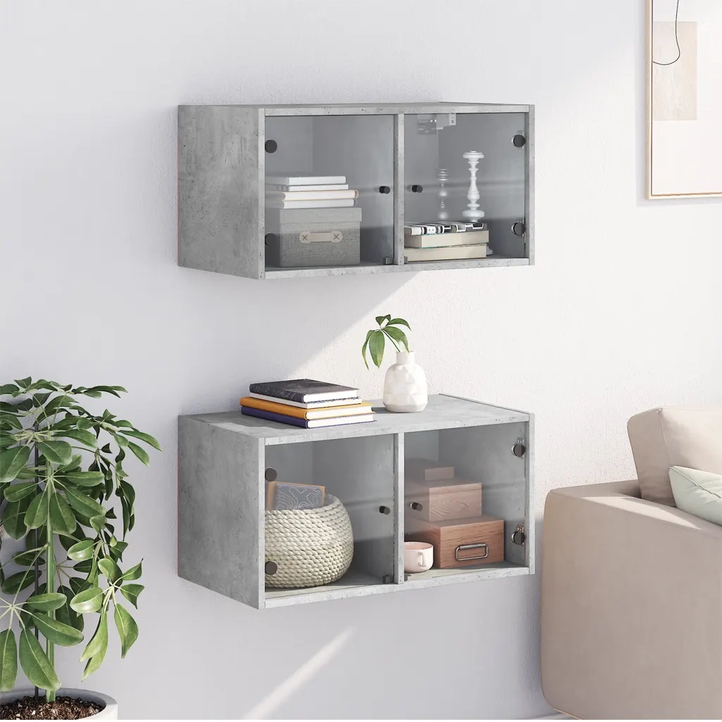 Armadietto a Muro | Mobili a Muro con Ante in Vetro 2 pz Grigio Cemento 68,5x37x35cm
