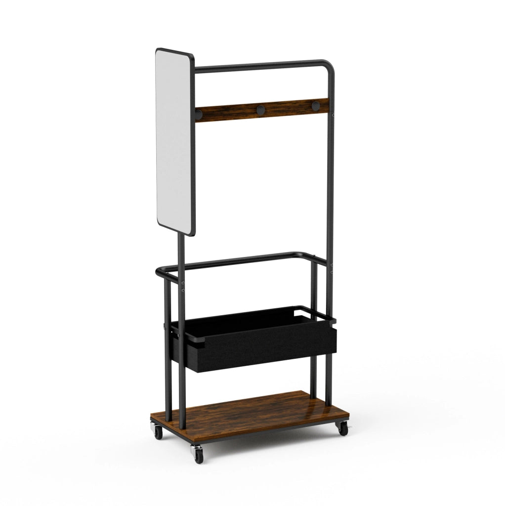 Appendiabiti mobile in metallo vintage marrone con specchio e cesto, 70x40x170 cm