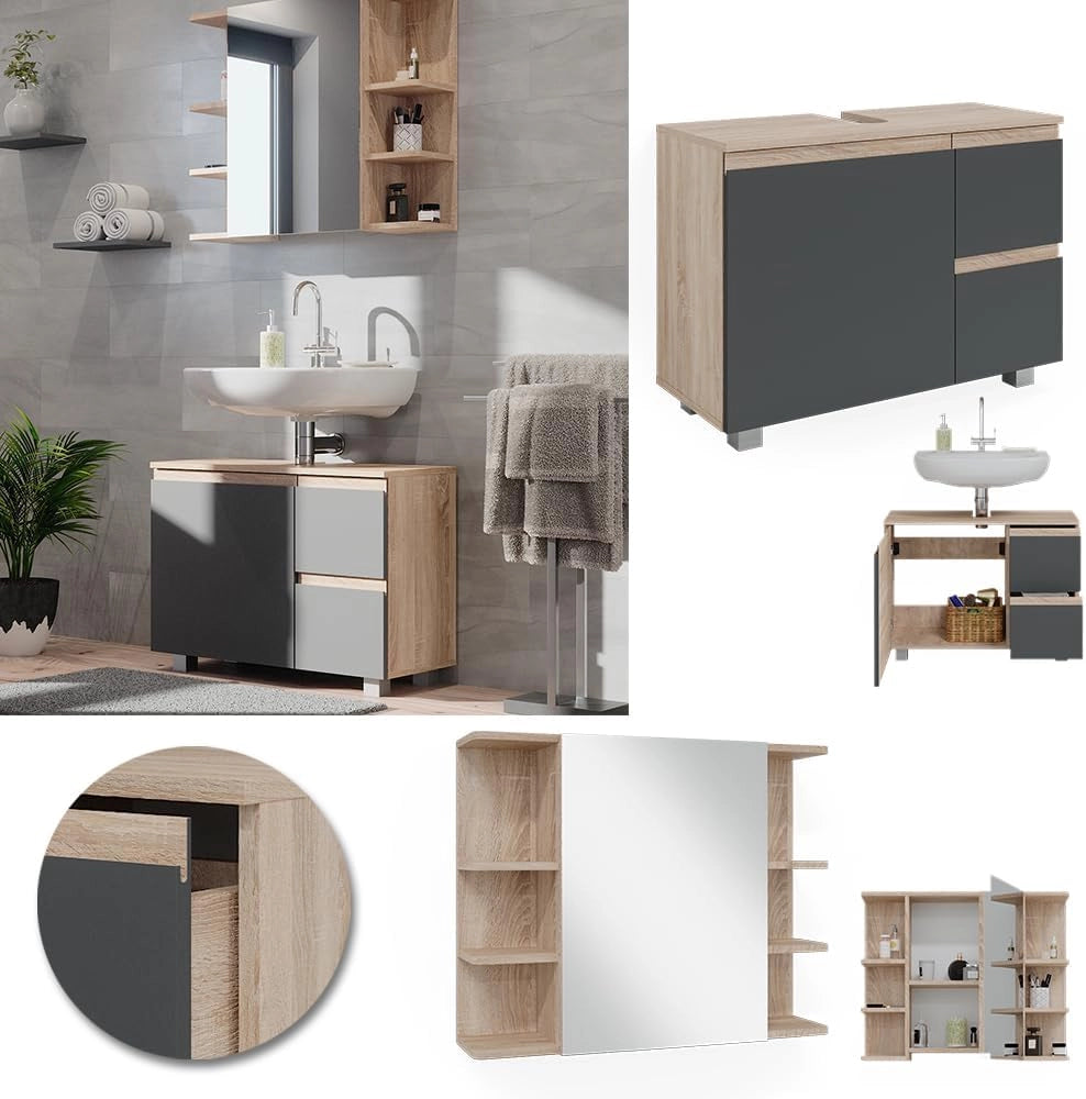 Set mobili bagno J-Shape, Sonoma, 80 cm, composto da specchio da bagno e mobile sottolavabo