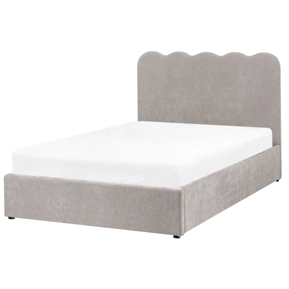 Letto in tessuto di ciniglia imbottito color tortora 120 x 200 cm contenitore elevabile con testiera e rete a doghe